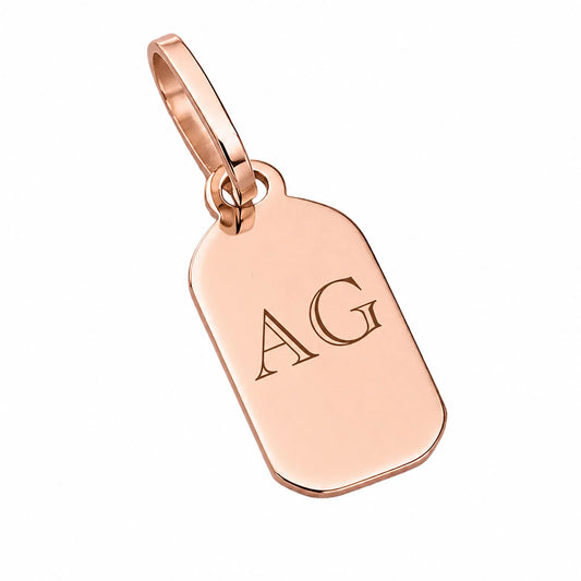 Personalized rose gold dog tag pendant engraved with the letters AG by Lucche