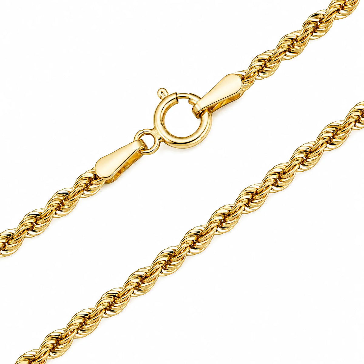 Close-up of a Lucche 14K gold rope chain necklace with a secure spring ring clasp.