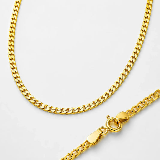 Lucche 14K solid gold curb chain necklace with lobster clasp on a white background