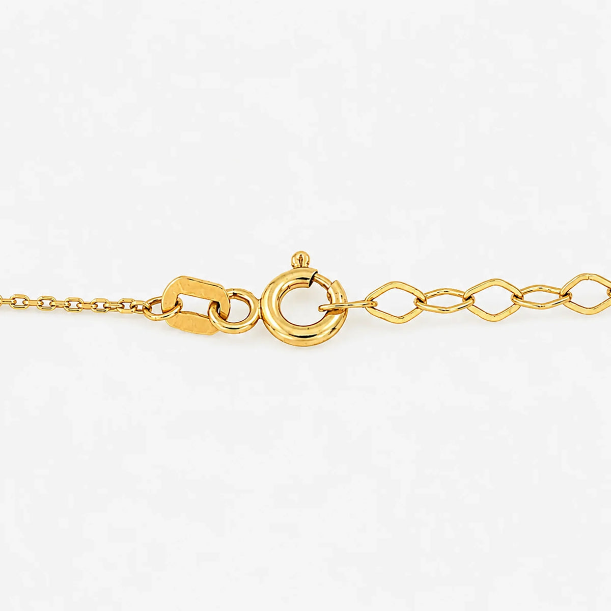 Close-up of a Lucche 14K gold necklace clasp and chain links
