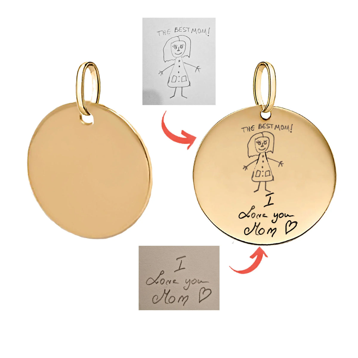 Lucche 14K solid gold personalized disc pendant with custom child's drawing and message