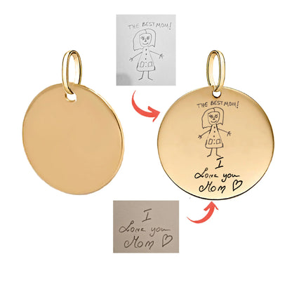 Lucche 14K solid gold personalized disc pendant with custom child's drawing and message