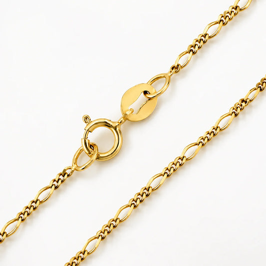 Close-up of a 14K Gold Figaro Chain Necklace with a secure lobster clasp