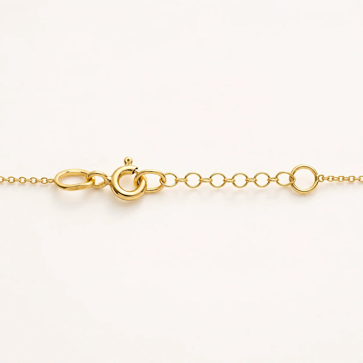 Close-up of a 14K gold Lucche necklace chain and clasp on a white background.