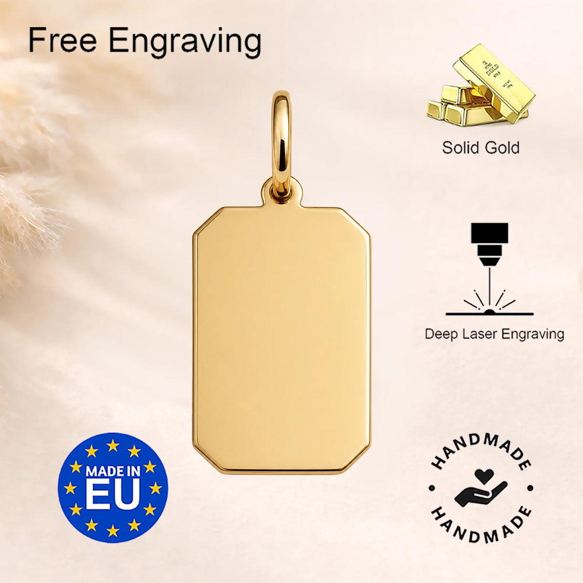 LuccheGold 14K solid gold personalized rectangle tag pendant with free deep laser engraving
