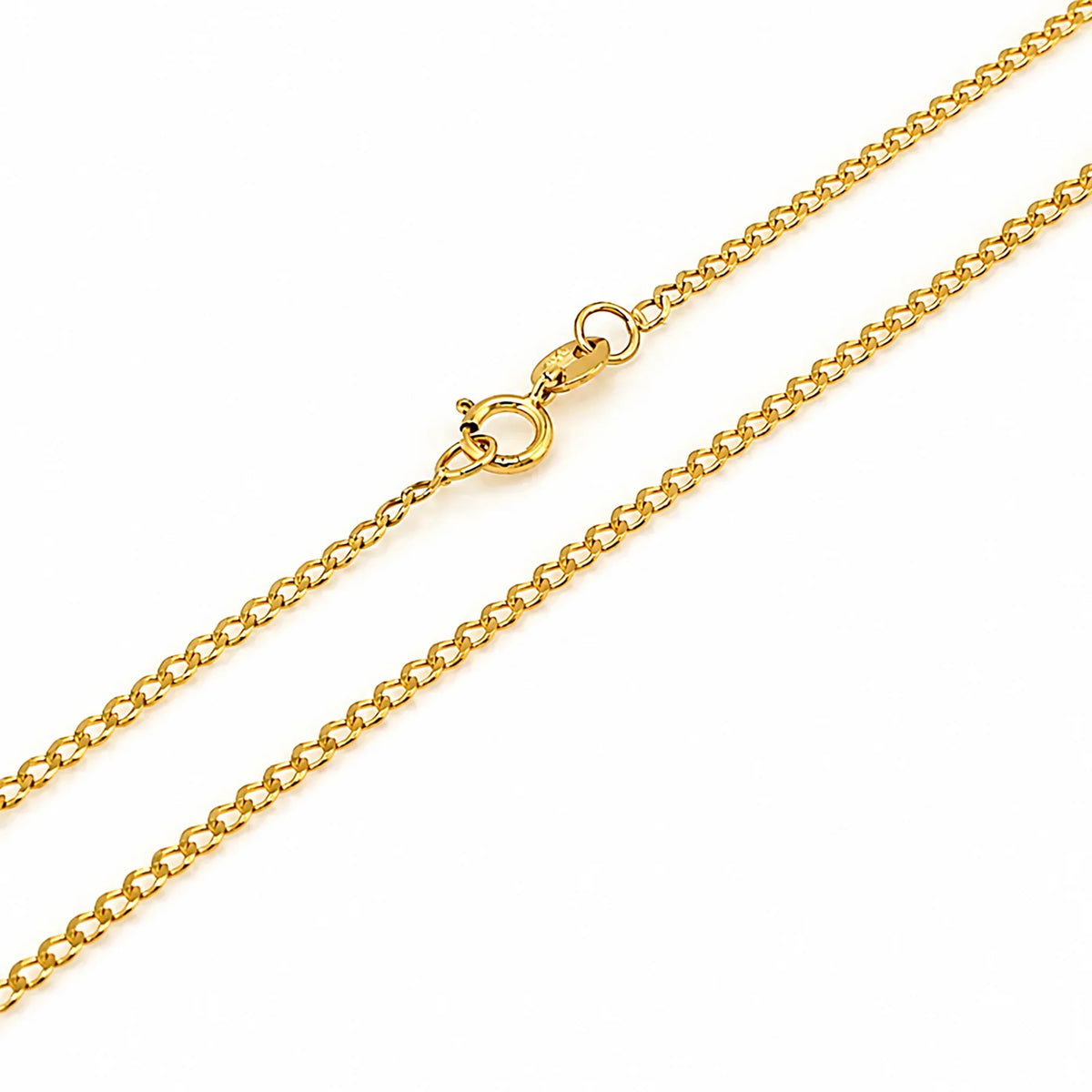 Close-up of a delicate Lucche solid 14K gold chain necklace with a lobster clasp.