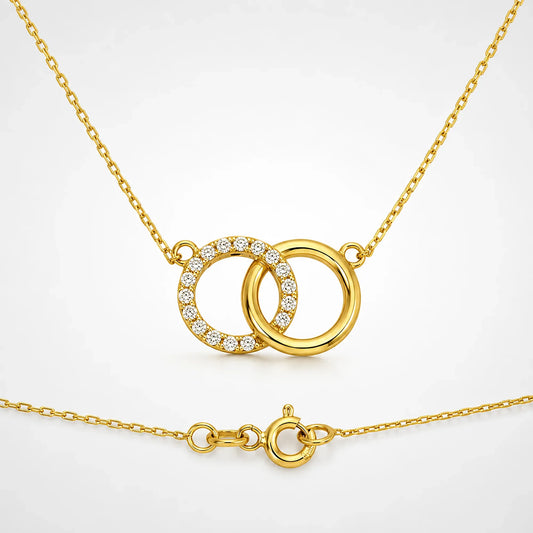 Lucche 14K solid gold necklace featuring interlocking duo circles, one set with diamonds