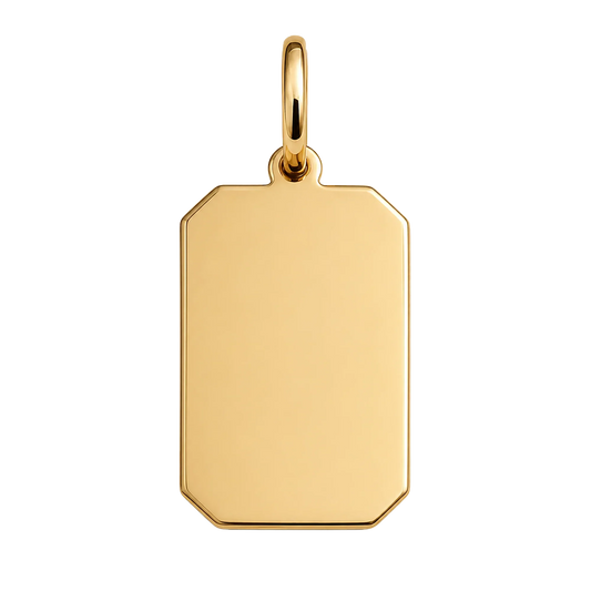 14K Gold Personalized Rectangle Tag Pendant by LuccheGold on a black background