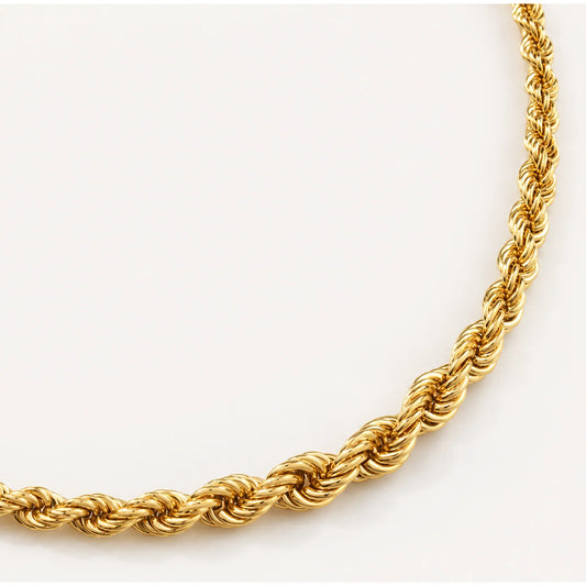 Close-up of a 14K solid gold rope chain necklace by Lucche on a white background