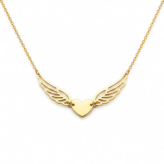 Lucche 14K gold necklace featuring a heart pendant with detailed angel wings